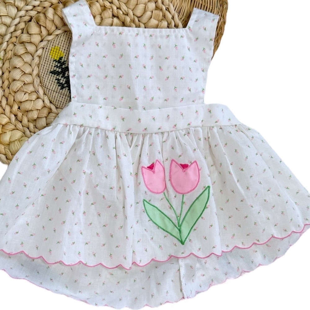 Vintage Baby Girl Delicate White Pink Tulip Floral Jumper Dress Size 9 Months